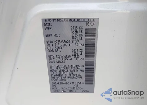 2014 Nissan Pathfinder Platinum z USA, uszkodzony, nr VIN 5N1AR2MN4EC703744